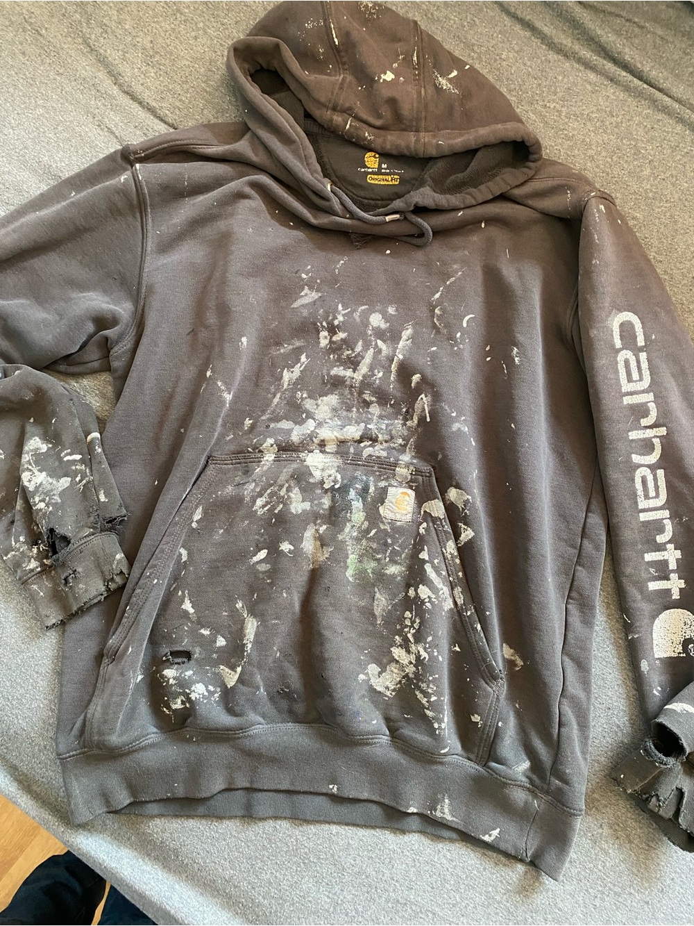 Carhartt Paint-Splattered Hooded Work Sweatshirt well used work hoodie